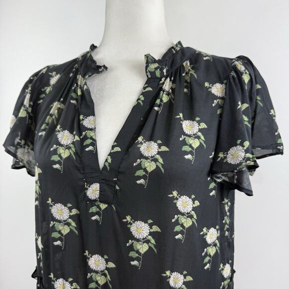 Anthropologie Black Daisy Floral Dress Small Sheer Mini V Neck Ruffle Sleeve - Picture 5 of 14